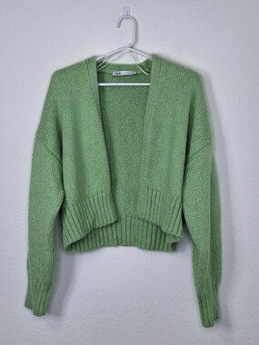 Zara Sage Green Cardigan Sweater Sz L Crop Open Front Boho Preppy Grandmacore